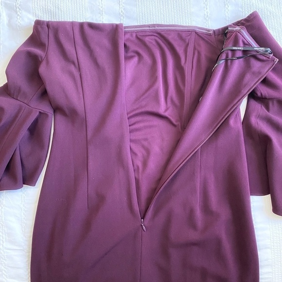 Calvin KLEIN PLUM OFF THE SHOULDER BELL FLUTTER SLEEVE MIDI SHEATH DRESS - 10 - Picture 10 of 10